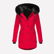 Misty | Women's Faux Fur Trim Hooded Parka Jacket - Button Zip Flap Pockets