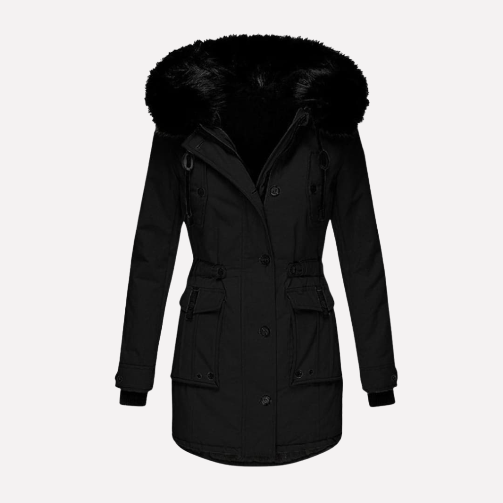 Misty | Women's Faux Fur Trim Hooded Parka Jacket - Button Zip Flap Pockets