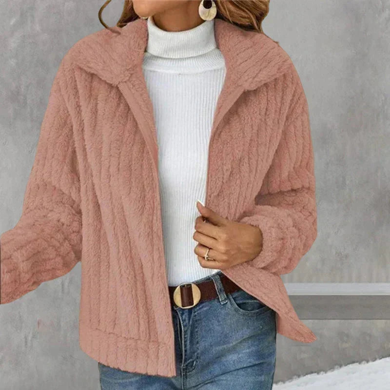 Nyla | Women's Relaxed Ribbed Fleece Jacket - Notch Collar Zip