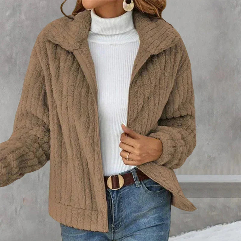 Nyla | Women's Relaxed Ribbed Fleece Jacket - Notch Collar Zip