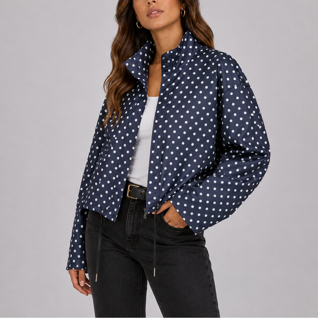 Pella | Women's Cropped Polka Dot Bomber Jacket with Zip Front