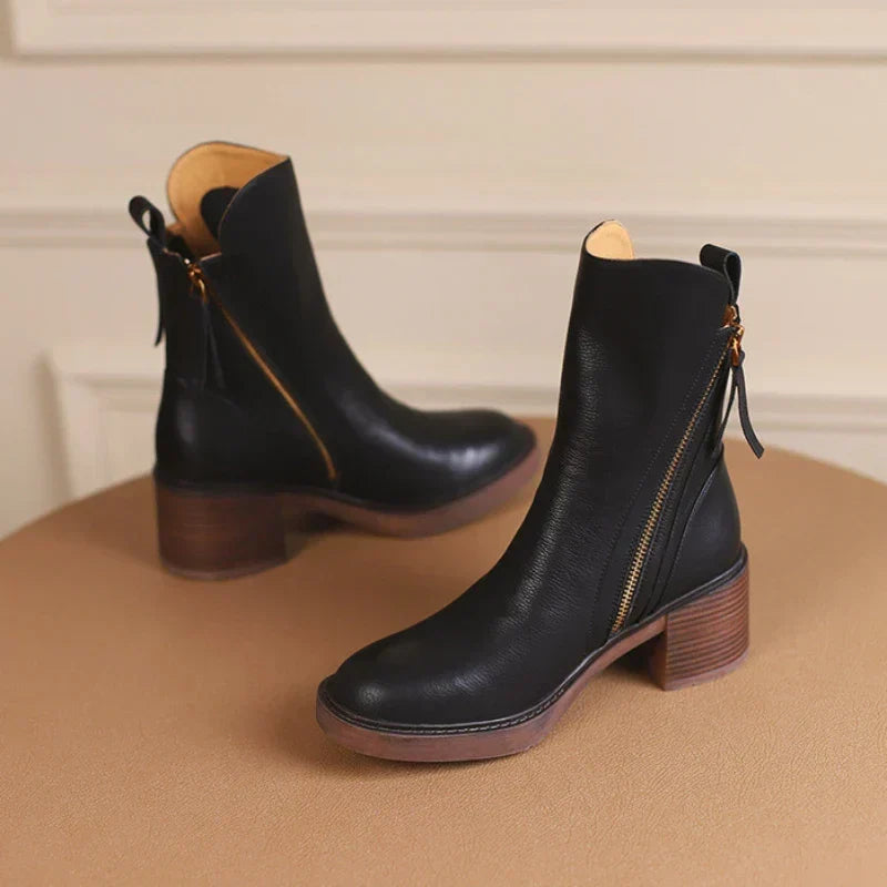 Priscilla | Effortless Leather Heeled Ankle Boots with Chunky Heel