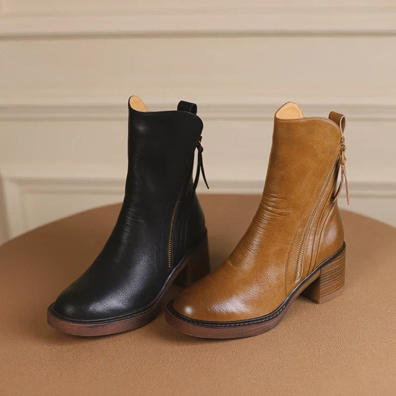 Priscilla | Effortless Leather Heeled Ankle Boots with Chunky Heel