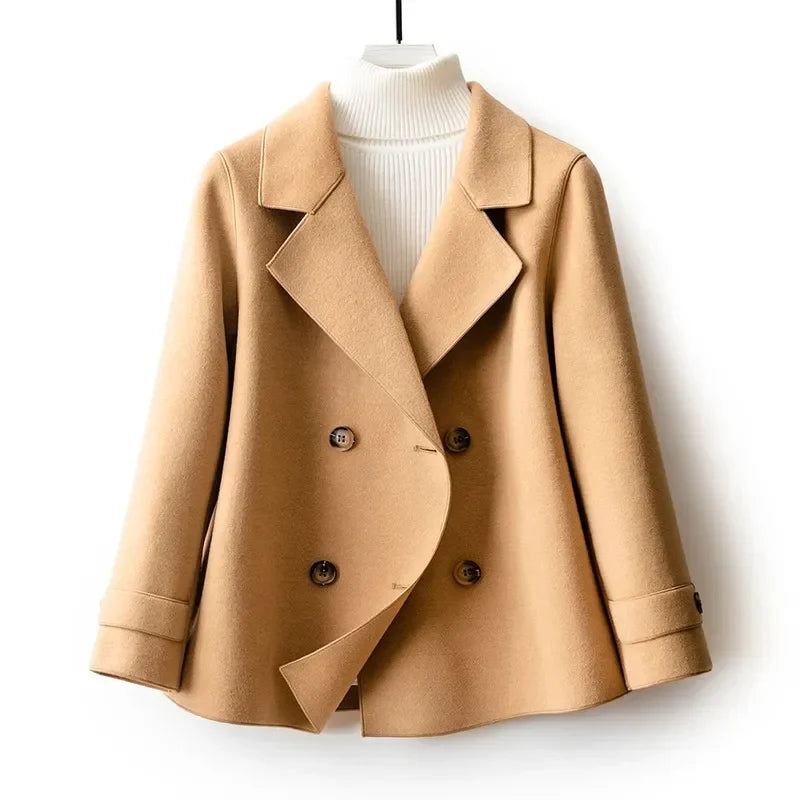 Rhea | Women's Cropped Wool Peacoat - Notch Lapel Lined Double Breasted Coat