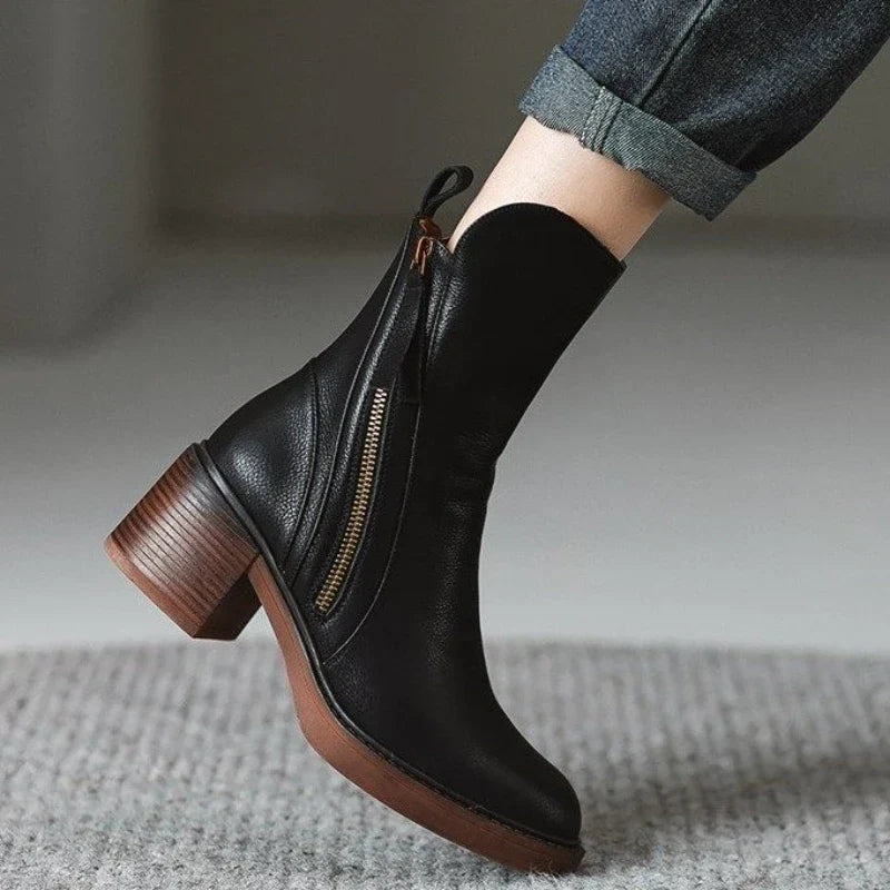 Selene | Women's Leather Ankle Boots - Heeled Zip