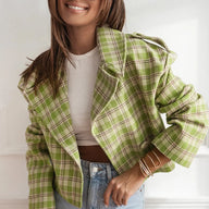 Sena | Women's Cropped Plaid Peacoat - Notch Lapel Tailored Short Coat