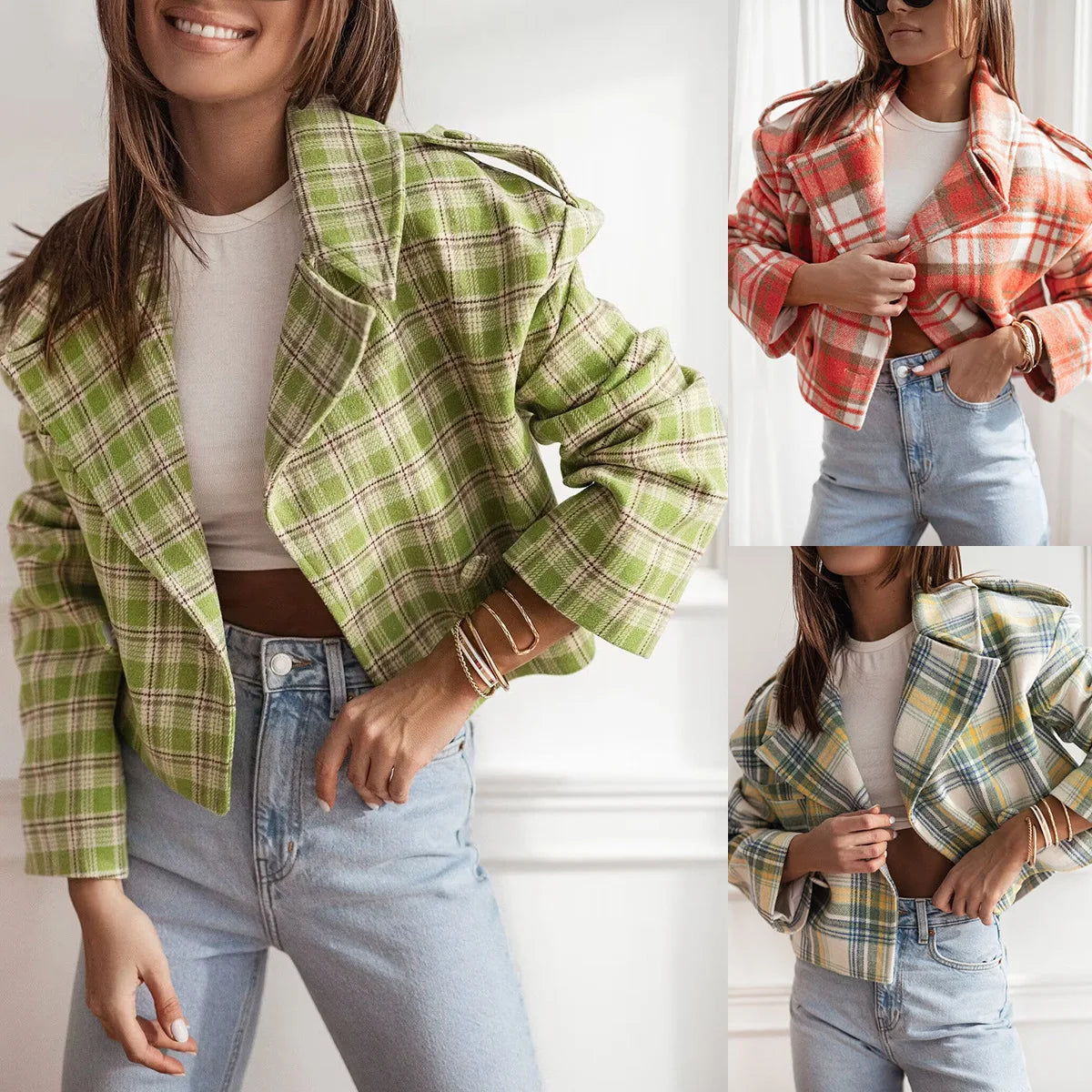 Sena | Women's Cropped Plaid Peacoat - Notch Lapel Tailored Short Coat