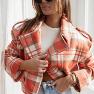 Sena | Women's Cropped Plaid Peacoat - Notch Lapel Tailored Short Coat