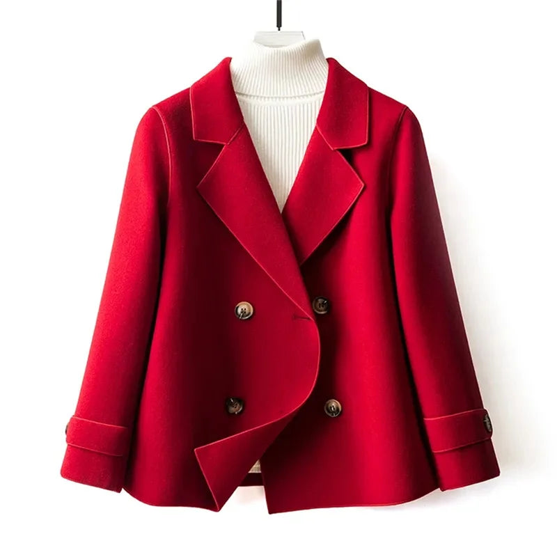 Rhea | Women's Cropped Wool Peacoat - Notch Lapel Lined Double Breasted Coat