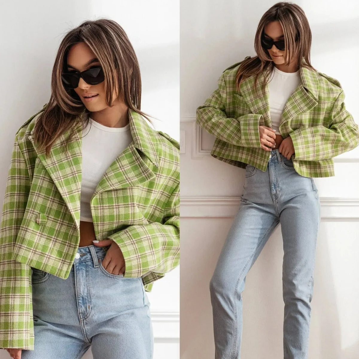 Sena | Women's Cropped Plaid Peacoat - Notch Lapel Tailored Short Coat
