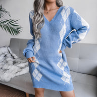 Yara | Women's Printed Knit Sweater Dress - V Neck Long Sleeve