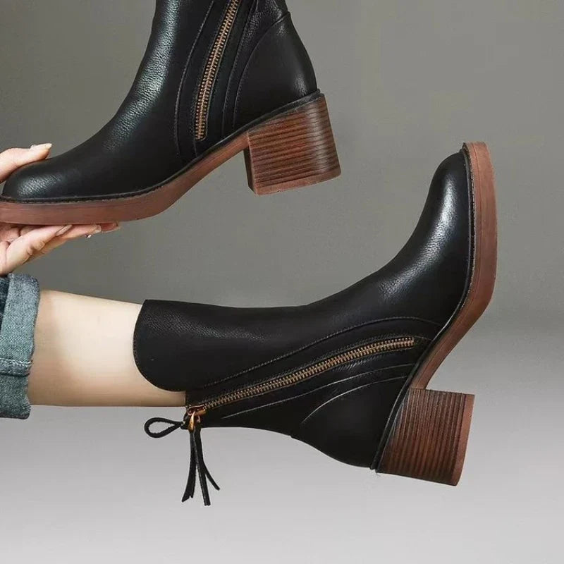 Selene | Women's Leather Ankle Boots - Heeled Zip