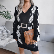 Yara | Women's Printed Knit Sweater Dress - V Neck Long Sleeve