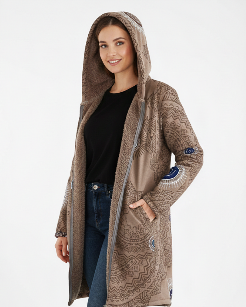 Shelby | Women's Sherpa Lined Hooded Parka Jacket - Geometric Print Full Zip