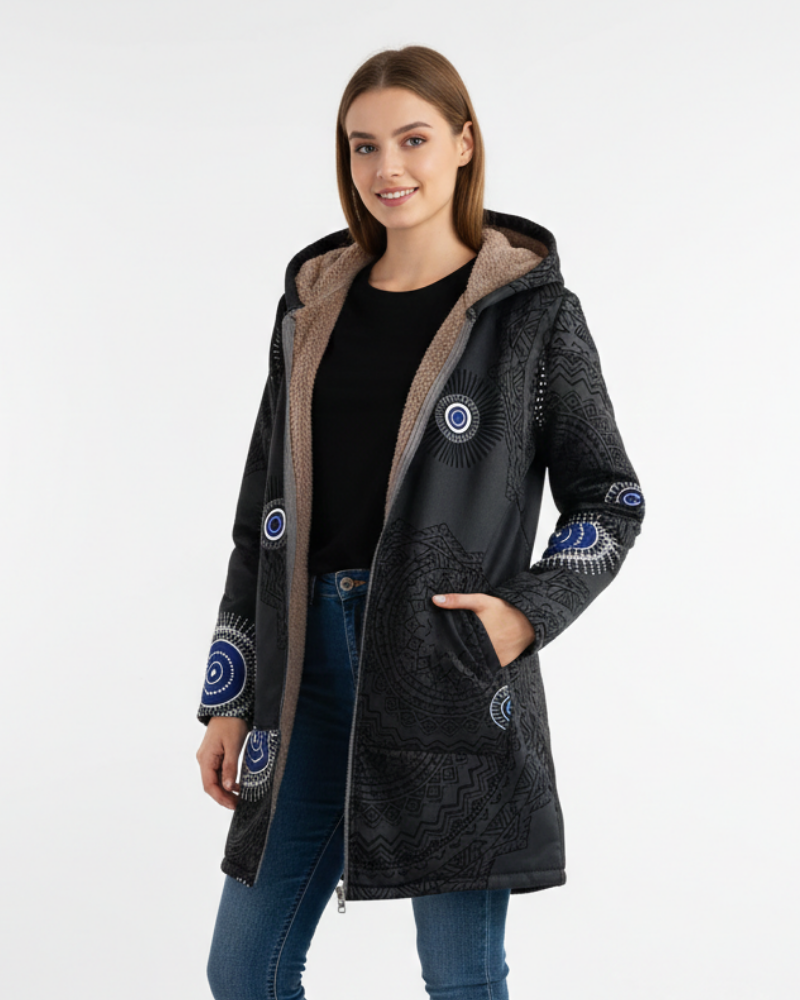 Shelby | Women's Sherpa Lined Hooded Parka Jacket - Geometric Print Full Zip