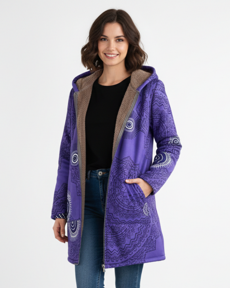 Shelby | Women's Sherpa Lined Hooded Parka Jacket - Geometric Print Full Zip