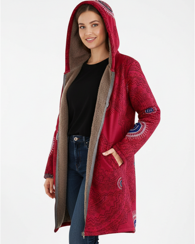 Shelby | Women's Sherpa Lined Hooded Parka Jacket - Geometric Print Full Zip