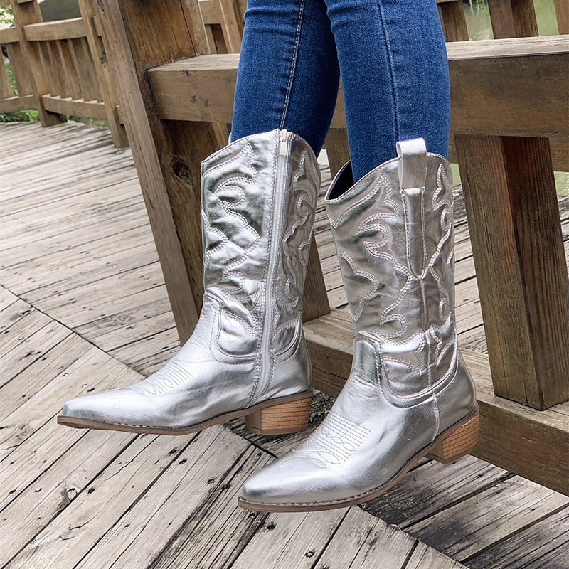 Tara | Women's Knee High Embroidered Cowboy Boots with Block Heel