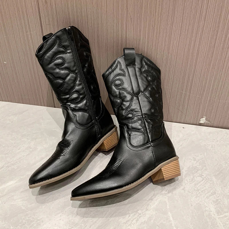Tara | Women's Knee High Embroidered Cowboy Boots with Block Heel