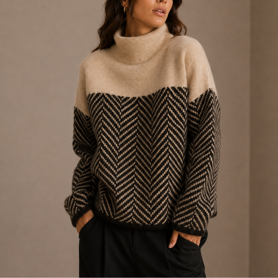 Vivienne | Oversized Herringbone Turtleneck Sweater with Two-Tone