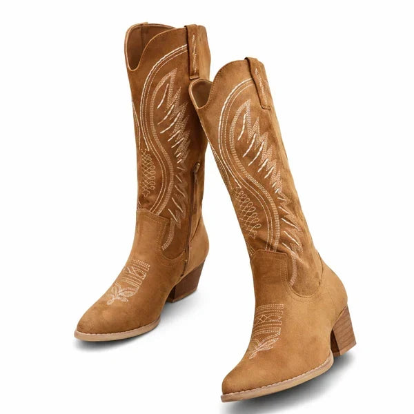 Willow | Bold Embroidered Suede Western Cowboy Boots with Mid-Calf Shaft