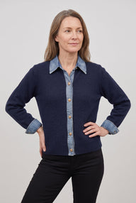 Women's Cardigan | Denim-Look Collar Button Front