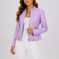 Zela | Women's Cropped Faux Leather Jacket - Band Collar Zip