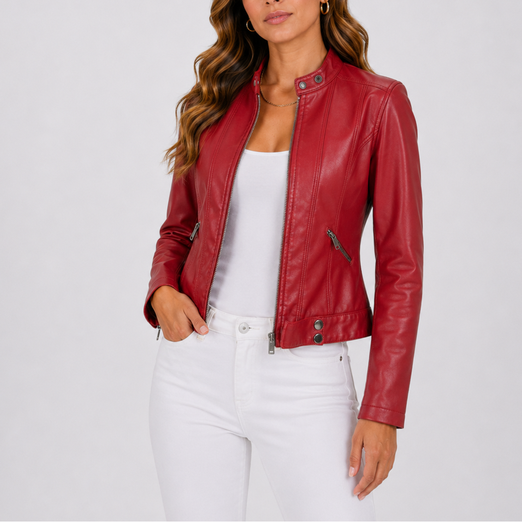 Zela | Women's Cropped Faux Leather Jacket - Band Collar Zip