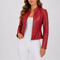 Zela | Women's Cropped Faux Leather Jacket - Band Collar Zip