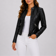 Zela | Women's Cropped Faux Leather Jacket - Band Collar Zip