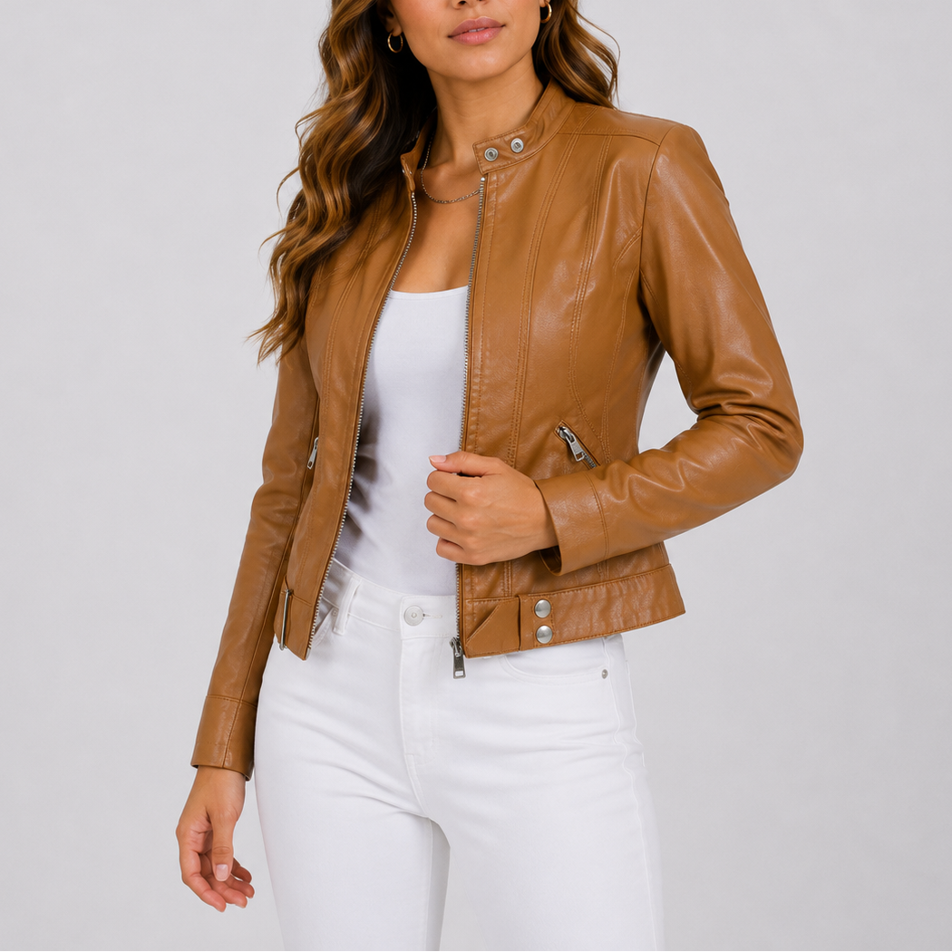 Zela | Women's Cropped Faux Leather Jacket - Band Collar Zip