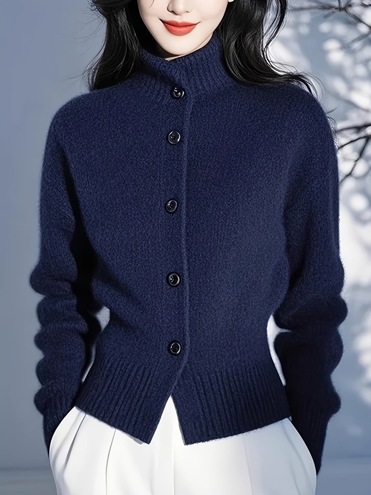 Margot | Women's High-Neck Button Cardigan - Ribbed Waist
