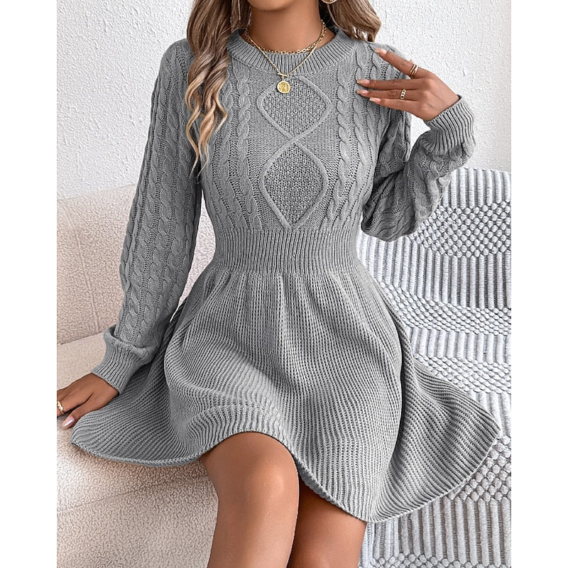 Suvi | Women's Cable Knit Sweater Dress - Fit and Flare Long Sleeve