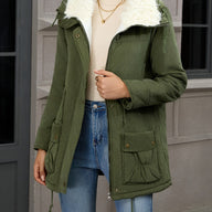 Carolyn | Women's Mid-Length Parka - Fold-Over Collar Drawstring Waist