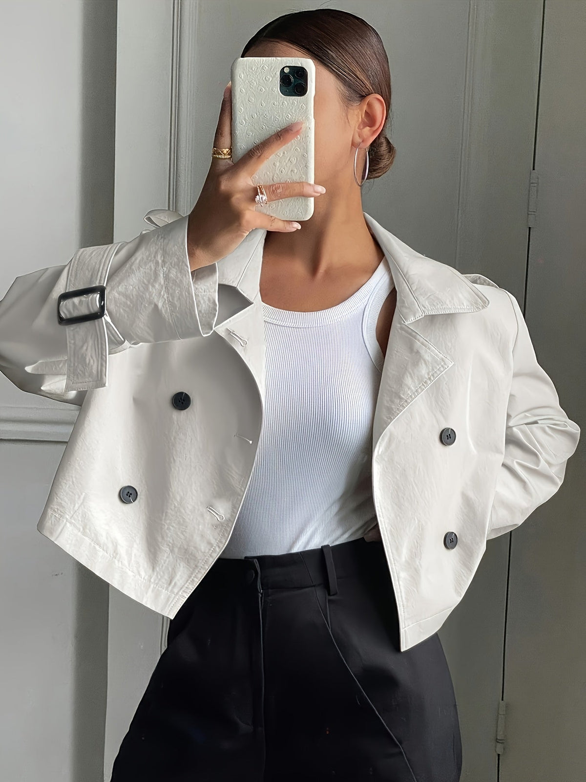 Vela | Women's Cropped Twill Peacoat - Notch Lapel Double Breasted Coat