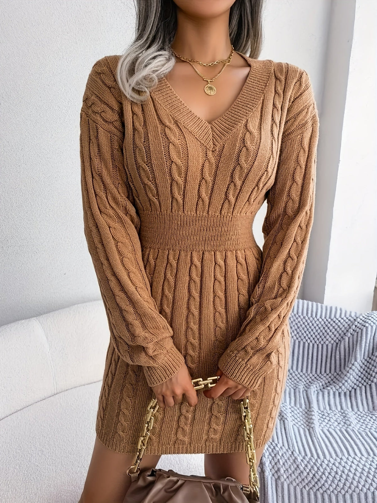 Hana | Women's Cable Knit Sweater Dress - V Neck Cinched Waist