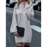 Bria | Women's Turtleneck Sweater Dress - Cold Shoulder Long Sleeve Knit