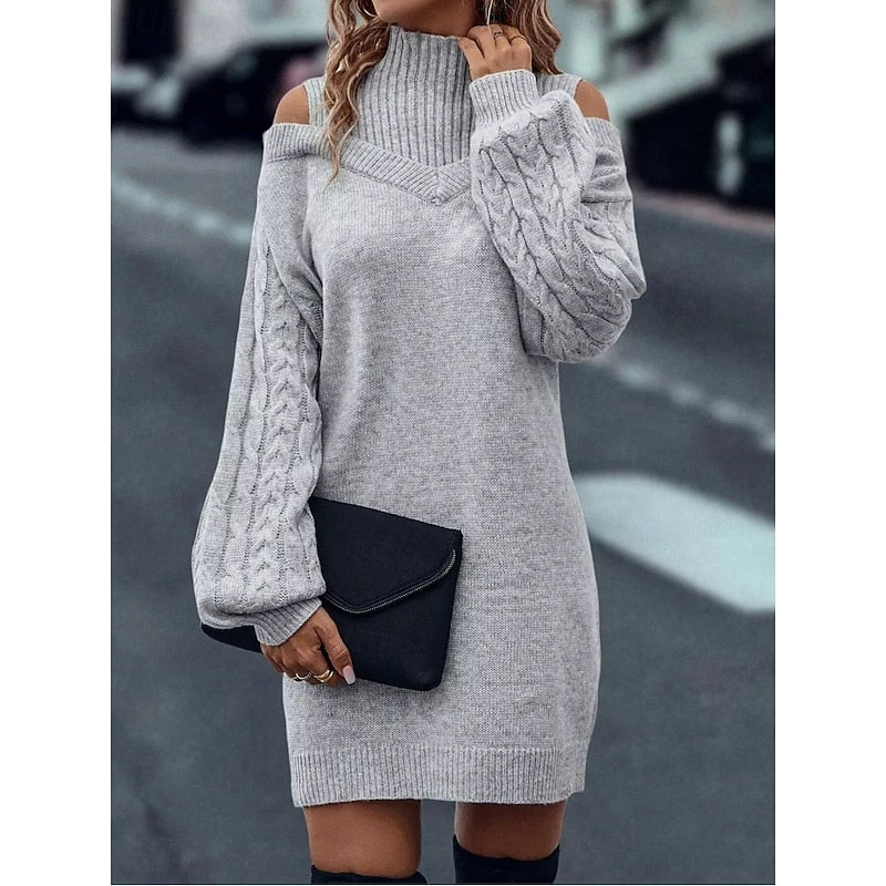 Bria | Women's Turtleneck Sweater Dress - Cold Shoulder Long Sleeve Knit