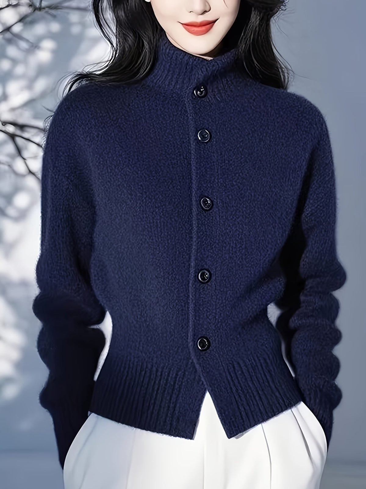Margot | Women's High-Neck Button Cardigan - Ribbed Waist
