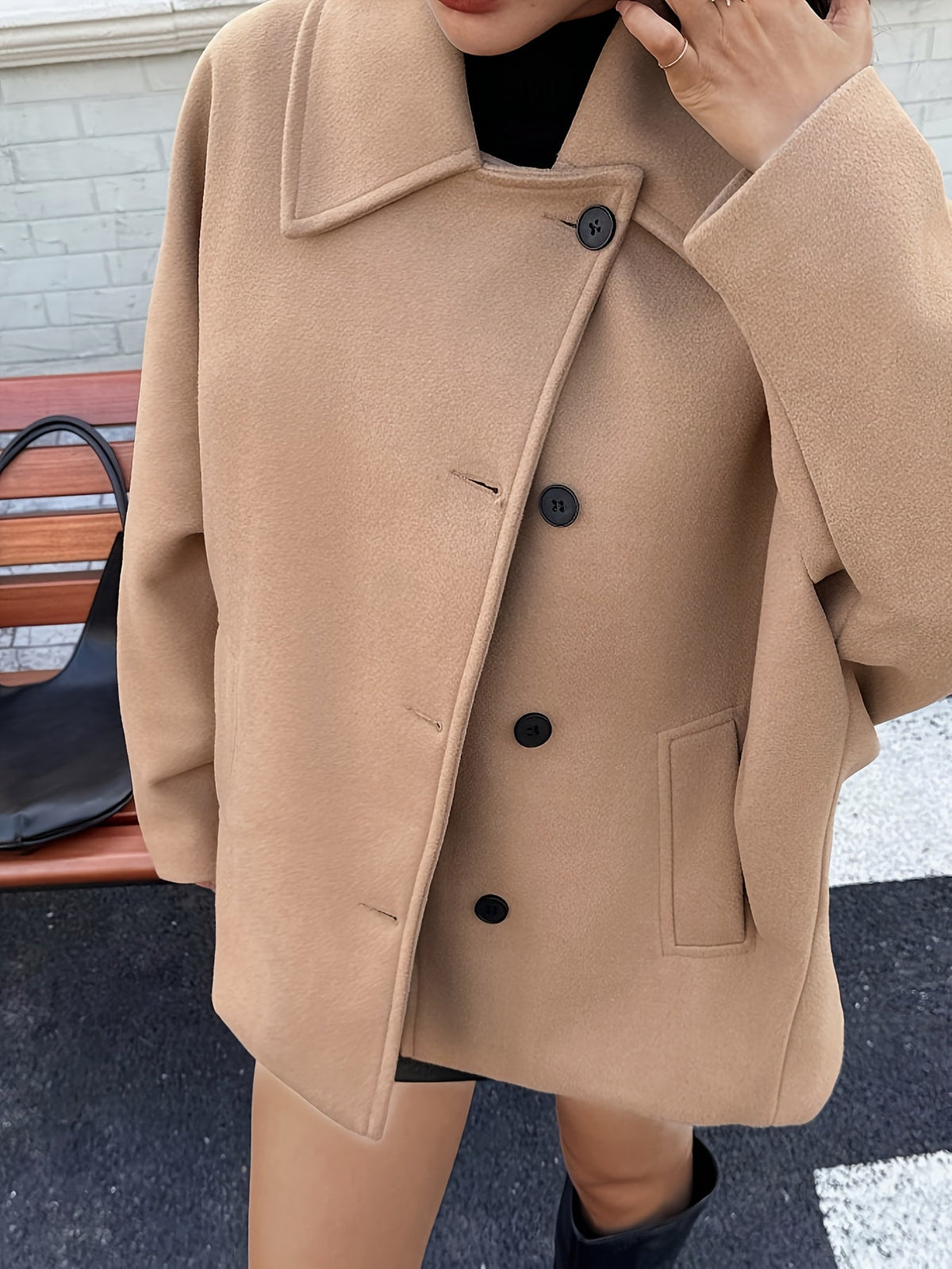 Neve | Women's Oversized Wool Peacoat - Notch Collar Batwing Sleeve Coat