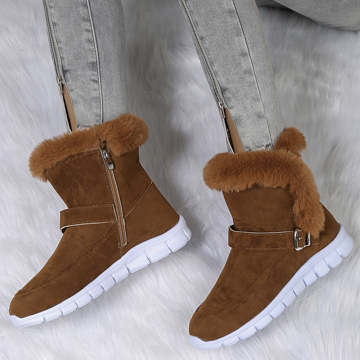 Nora | Women's Plush-Trimmed Winter Boots - Ankle Buckle Detail