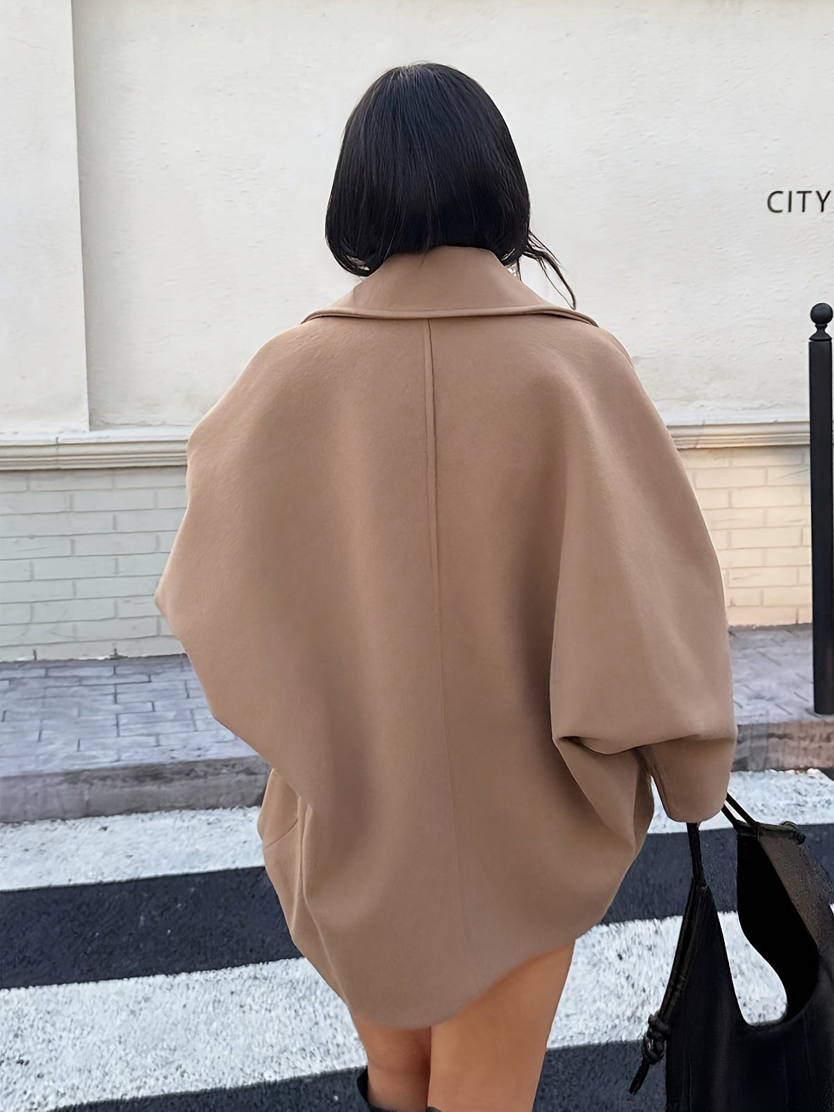 Neve | Women's Oversized Wool Peacoat - Notch Collar Batwing Sleeve Coat