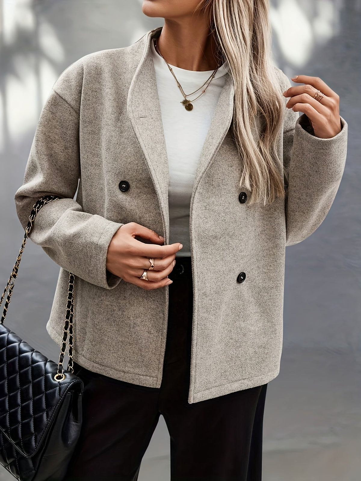 Nira | Women's Cropped Wool Peacoat - Stand Collar Double Breasted Coat