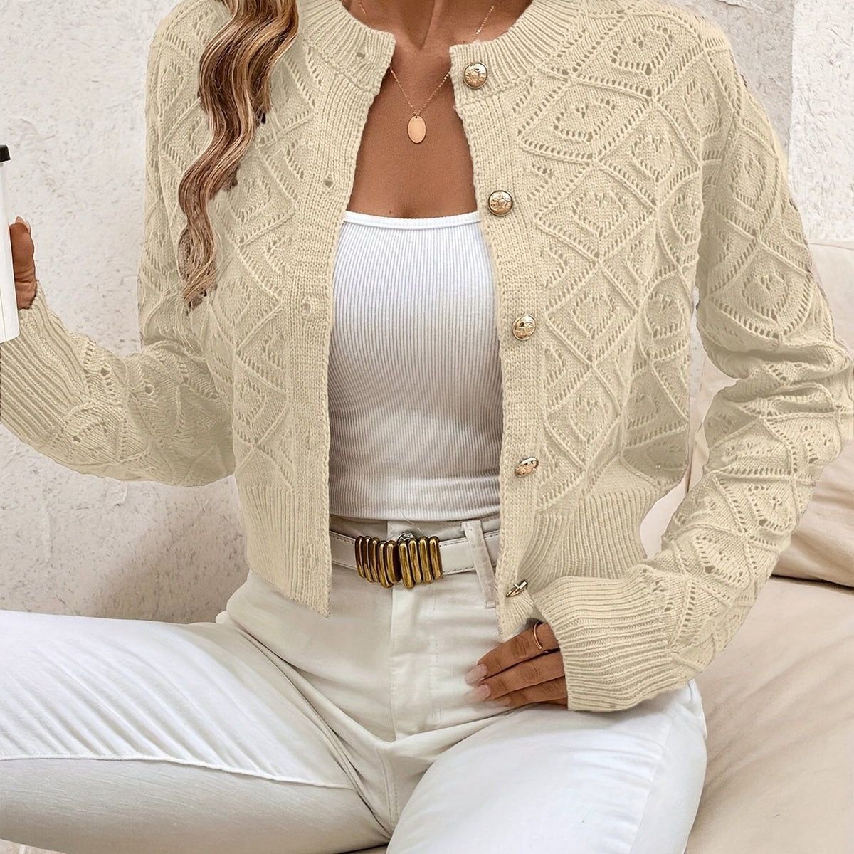 Della | Women's Cropped Cardigan - Diamond Textured Button Front