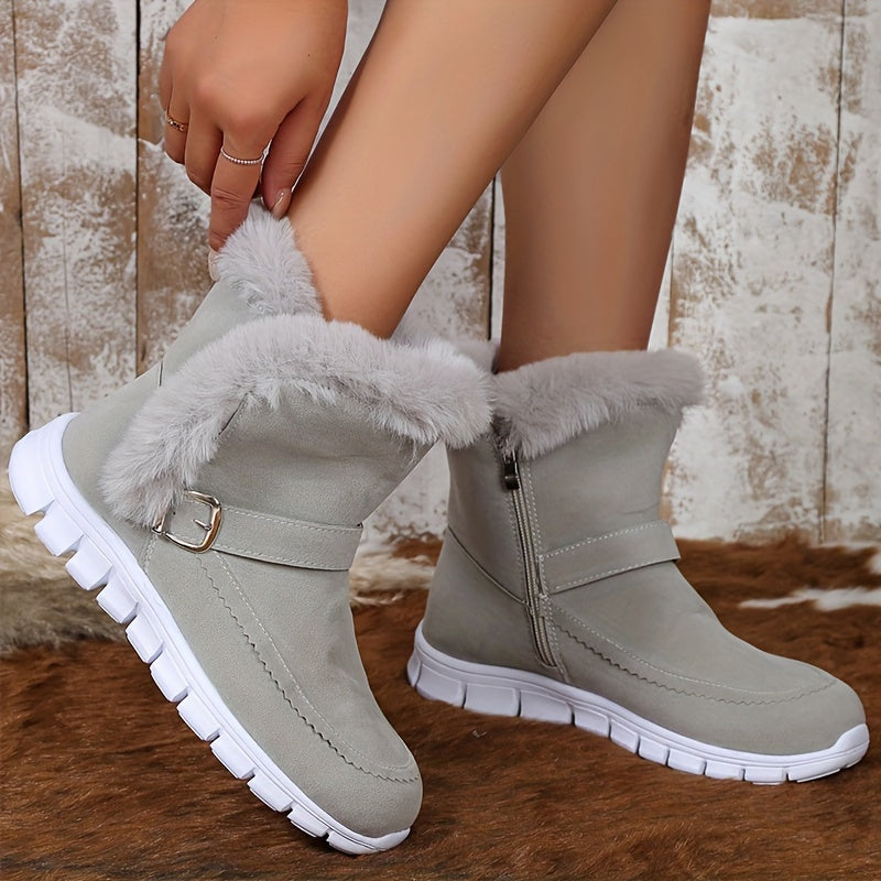 Nora | Women's Plush-Trimmed Winter Boots - Ankle Buckle Detail
