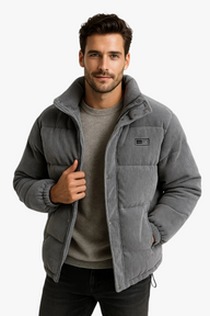 Nick | Men's Corduroy Quilted Winter Puffer Jacket - Stand Collar Snap Front