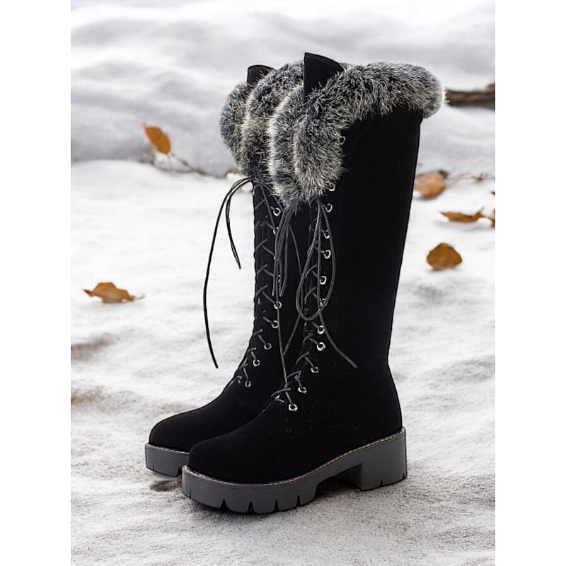 Aurelia | Women's Cosy Lace-Up Knee High Winter Boots - Chunky Block Heel