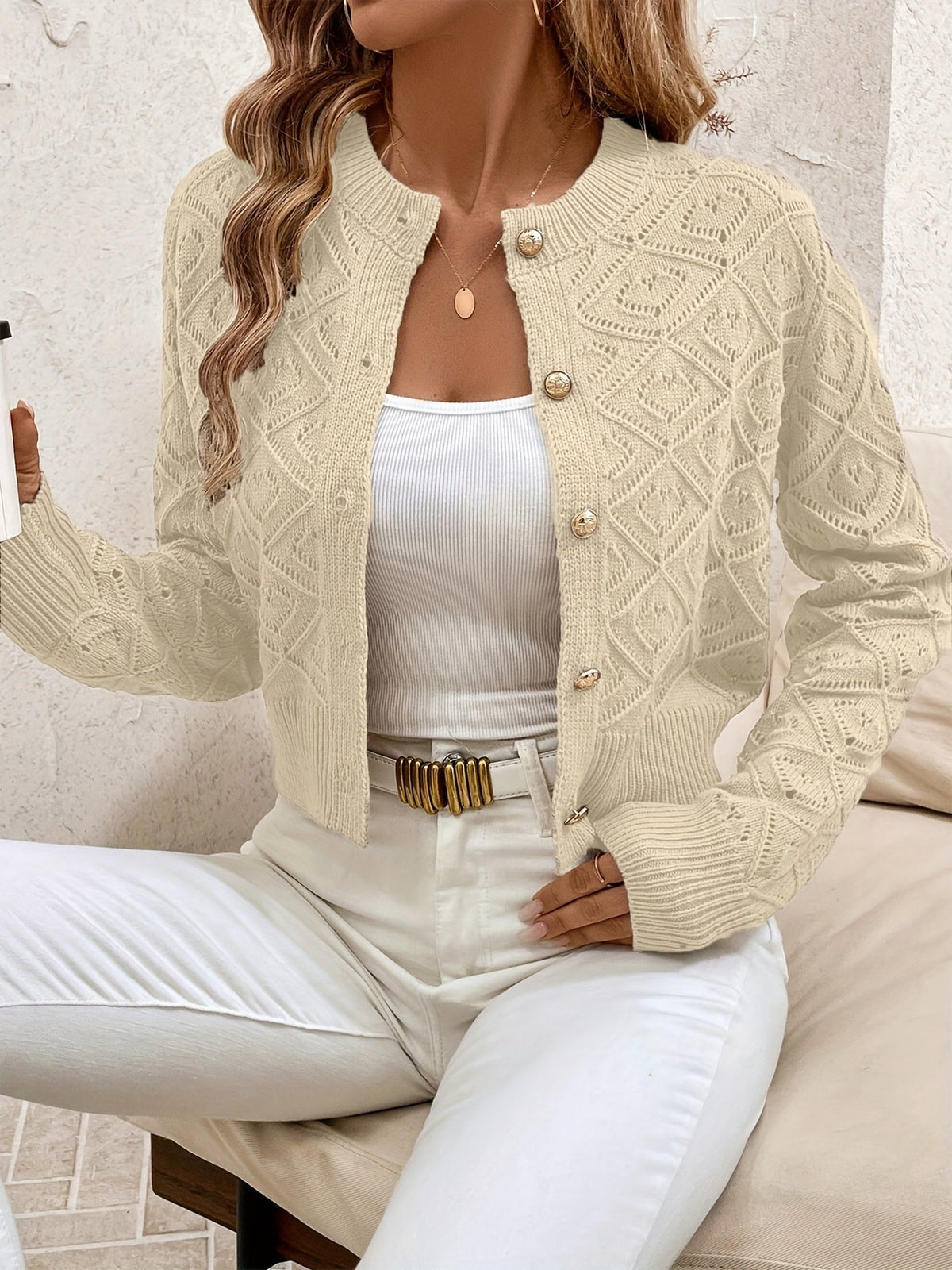 Della | Women's Cropped Cardigan - Diamond Textured Button Front