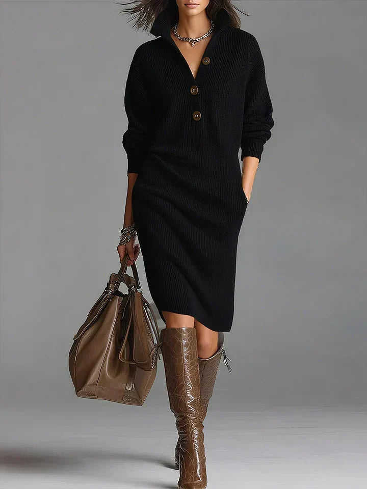 Cleo | Women's Ribbed Knit Sweater Dress - Collar Button Front