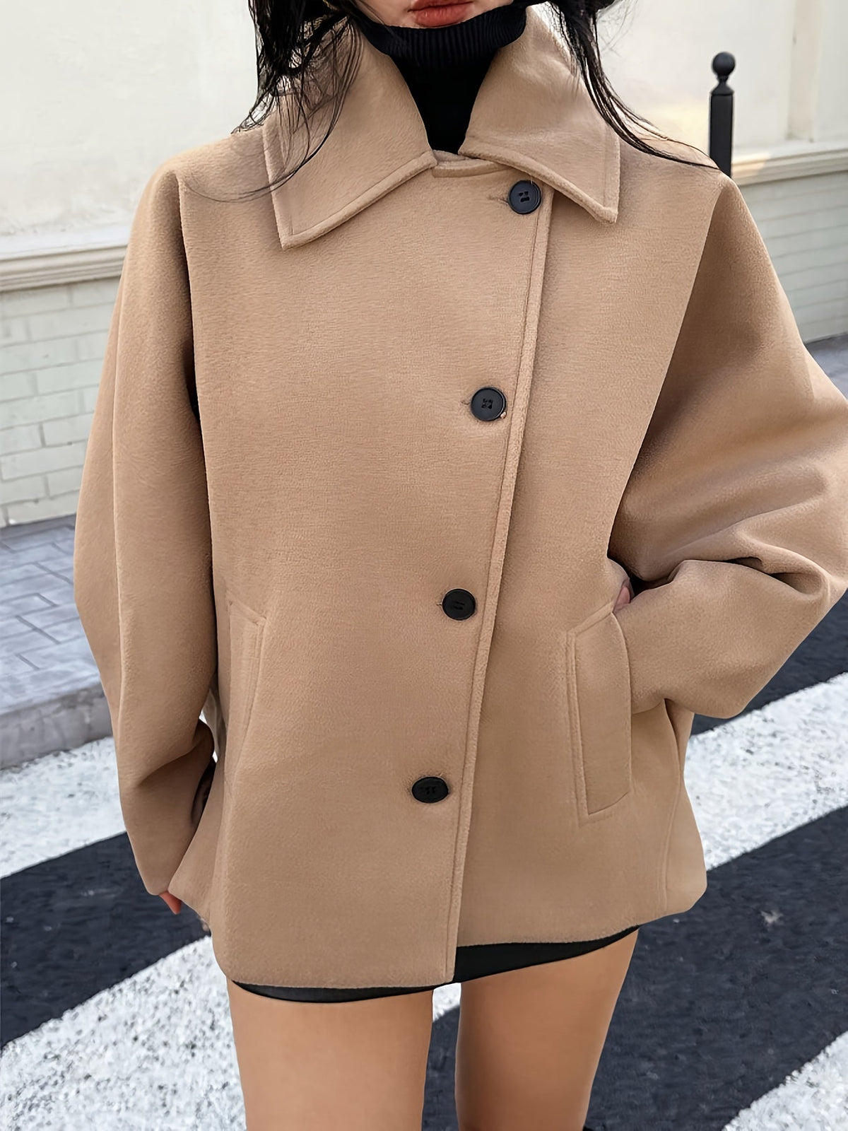 Neve | Women's Oversized Wool Peacoat - Notch Collar Batwing Sleeve Coat